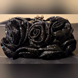 Black Sequined Rosettes Evening Bag